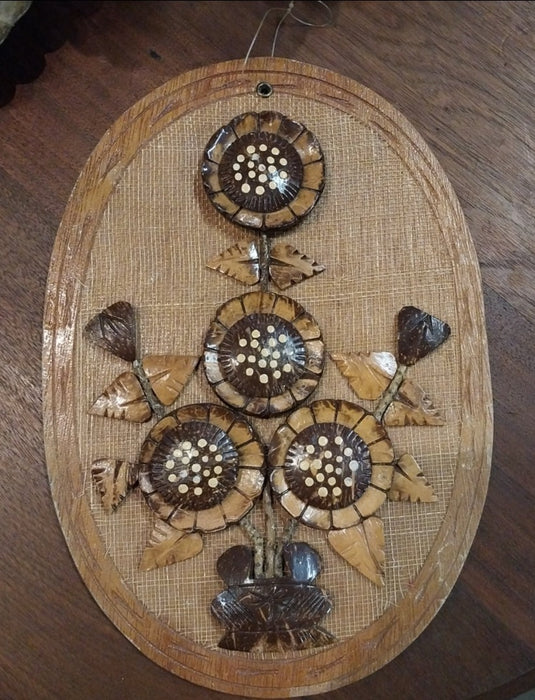 VINTAGE WOOD FLORAL PLAQUE AS FOUND