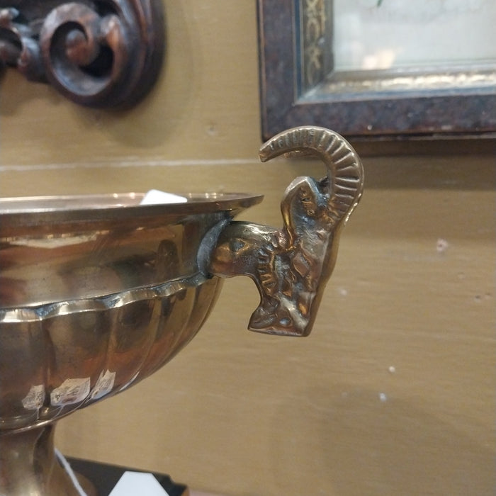 BRASS AND WOOD TROPHY CUP WITH RAMS HEAD