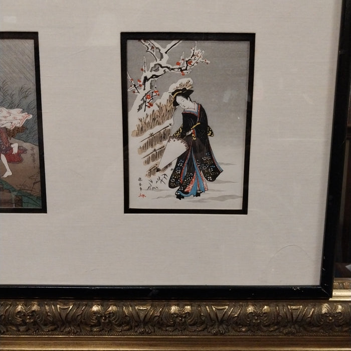 TRIPTIC WOODBOCK PRINT OF 3 ASIAN LADIES IN BLACK FRAME