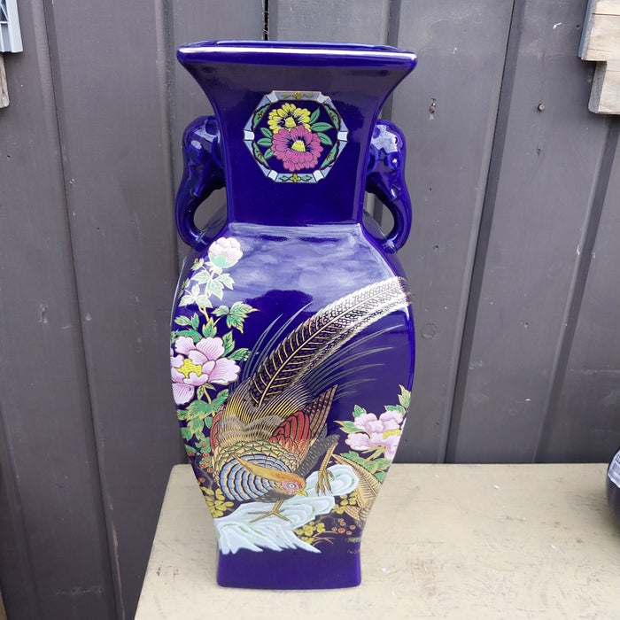 TALL BLUE JAPANESES VASE WITH SQUARE TOP AND ELEPHANT HANDLES