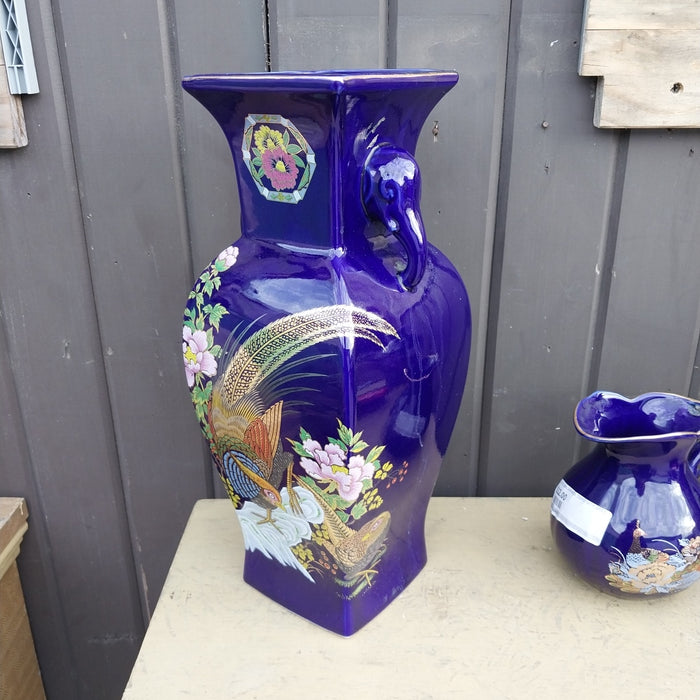 TALL BLUE JAPANESES VASE WITH SQUARE TOP AND ELEPHANT HANDLES