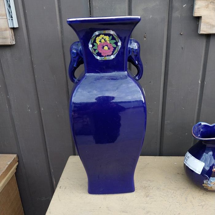 TALL BLUE JAPANESES VASE WITH SQUARE TOP AND ELEPHANT HANDLES