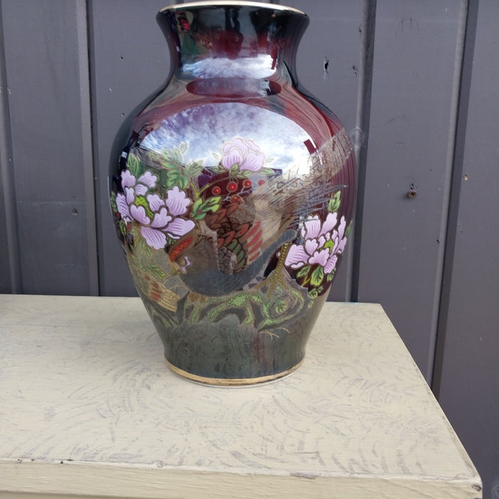 JAPANESES IRIDESCENT FLORAL VASE WITH BIRDS
