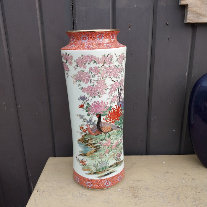 IVORY AND PEACH JAPANESE PEACCK VASE