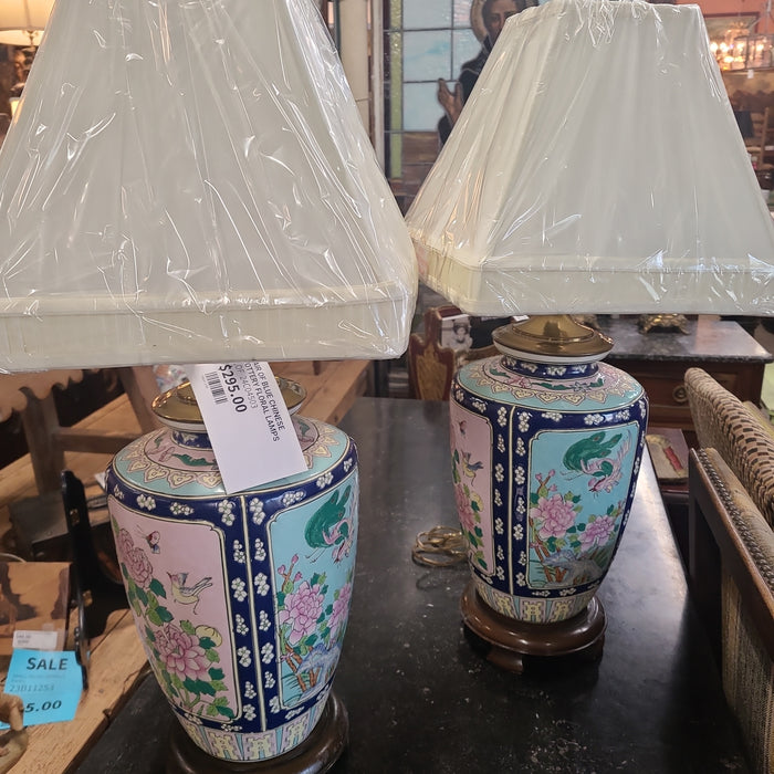 PAIR OF BLUE CHINESE POTTERY FLORAL LAMPS