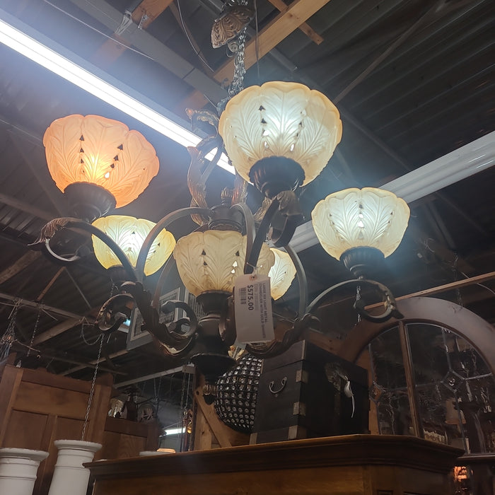 LARGE SIX LIGHT METAL CHANDELIER WITH GOLD SHADES