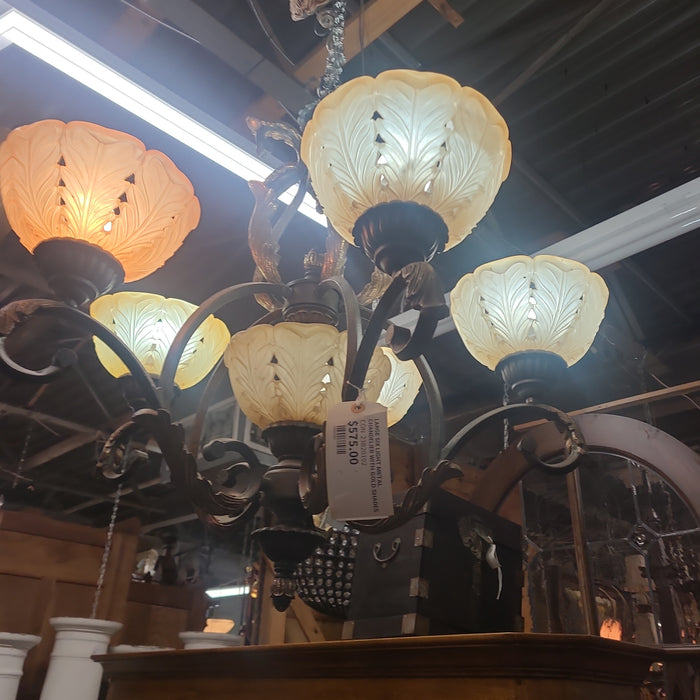 LARGE SIX LIGHT METAL CHANDELIER WITH GOLD SHADES