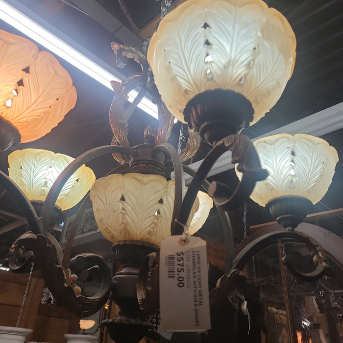 LARGE SIX LIGHT METAL CHANDELIER WITH GOLD SHADES