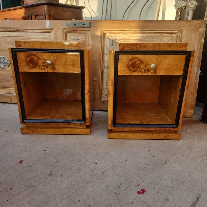 PAIR OF STRAIGHT LINED BURLED NIGHT STANDS