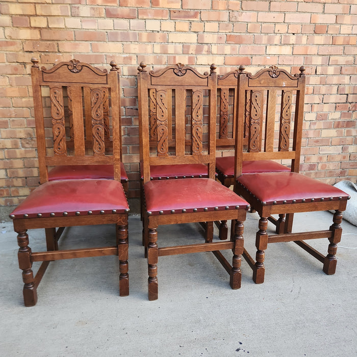 SET OF 6 CARVED OAK SLAT BACK CHAIRS WITH RED UPHOLSTERY