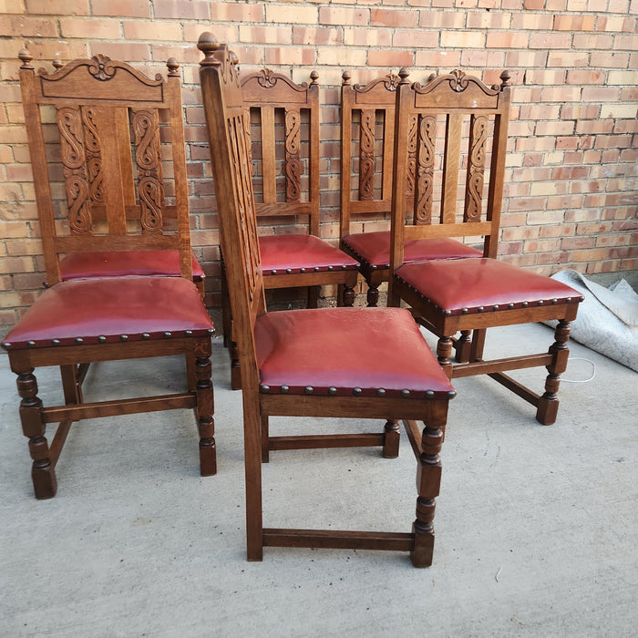 SET OF 6 CARVED OAK SLAT BACK CHAIRS WITH RED UPHOLSTERY