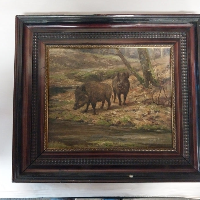 SMALL OIL PAINTING OF WILD BOARS