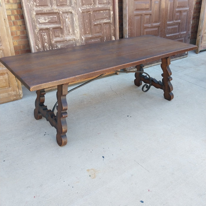 LARGE DARK OAK SPANISH IRON TRESTLE BASE TABLE