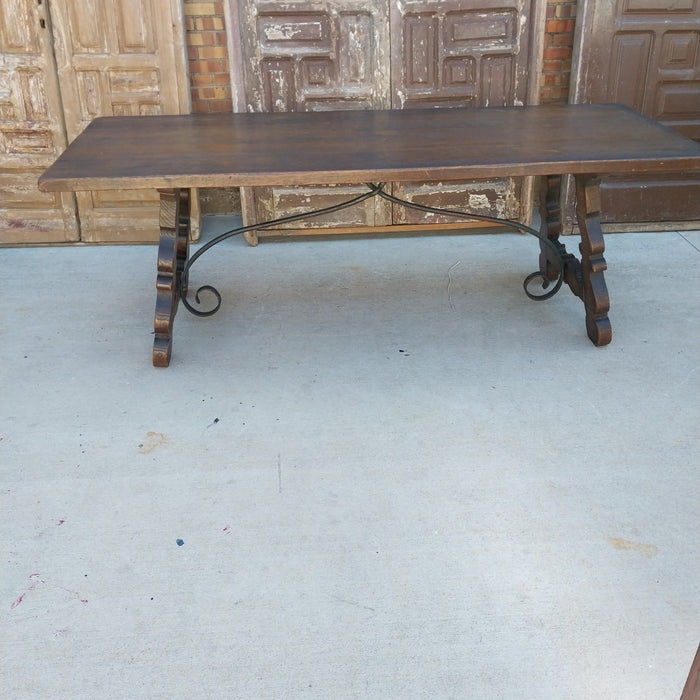 LARGE DARK OAK SPANISH IRON TRESTLE BASE TABLE