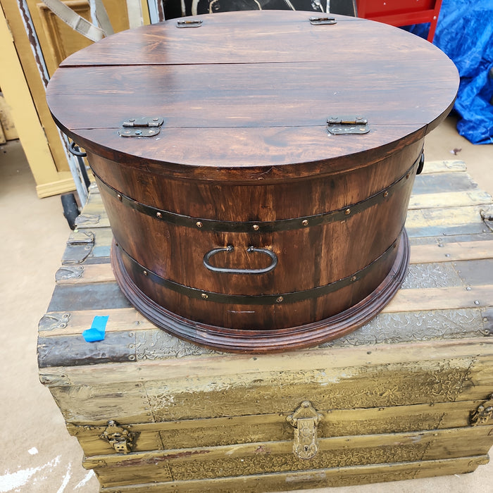ROUND NOT OLD FLIP TOP DRUM SHAPE MAHOGANY TABLE