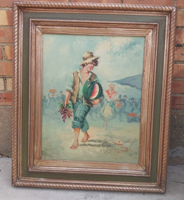 FRAMED OIL PAINTING OF A BOY WITH A WATERMELON