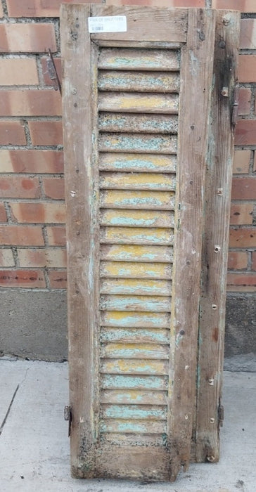 PAIR OF SHABBY GREEN AND YELLOW SHUTTERS