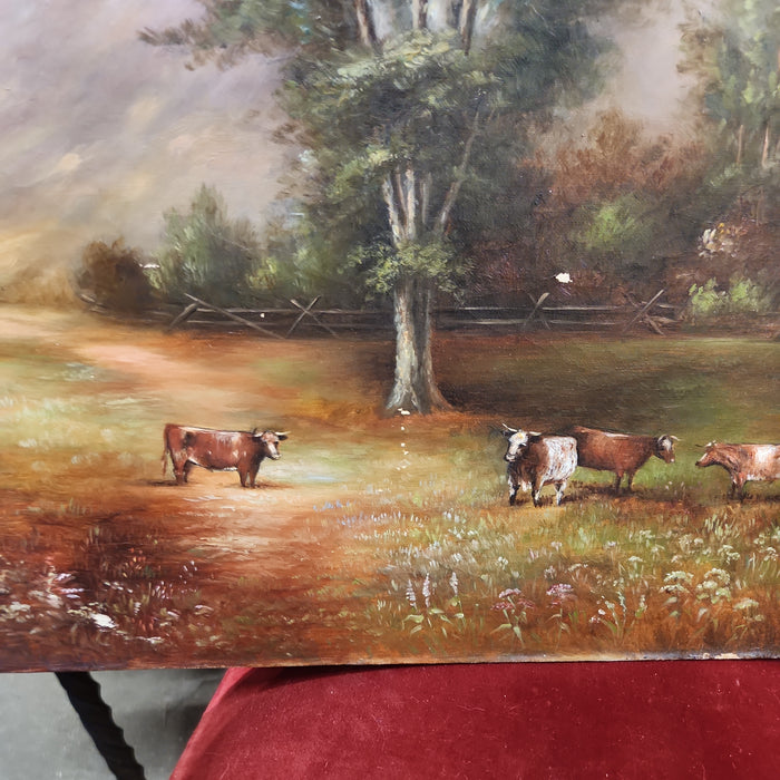 PRIMITIVE UNFRAMED OIL PAINTING OF COWS