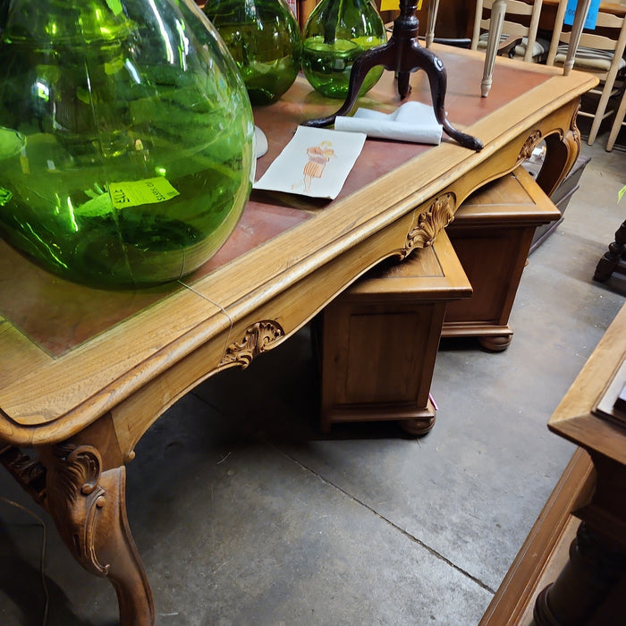 LOUIS XV RED LEATHER TOP OAK LARGE TABLE OR DESK