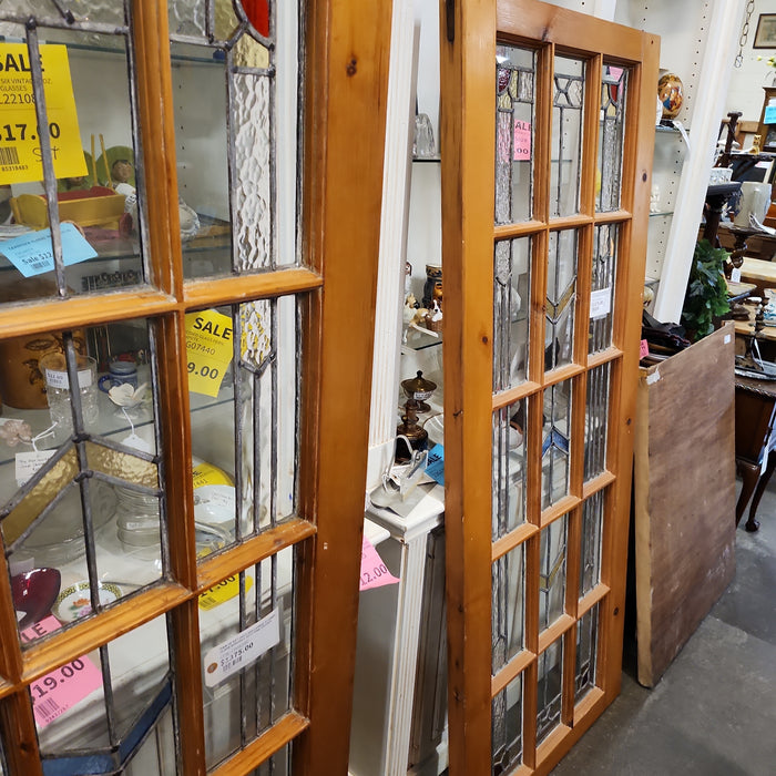 PAIR OF ART DECO MULLIONED  STAINED GLASS WINDOWS WITH PINE FRAMES