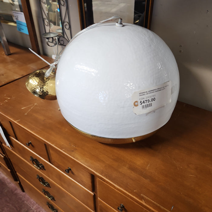 SPHERICAL HAMMERED BRASS AND WHITE ENAMEL ARTERIORS HANGING LIGHT