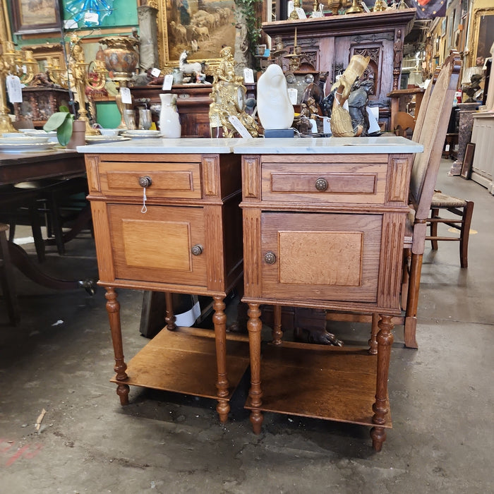 PAIR OF HENRI II STYLE MARBLE TOP OAK SIDE CABINETS