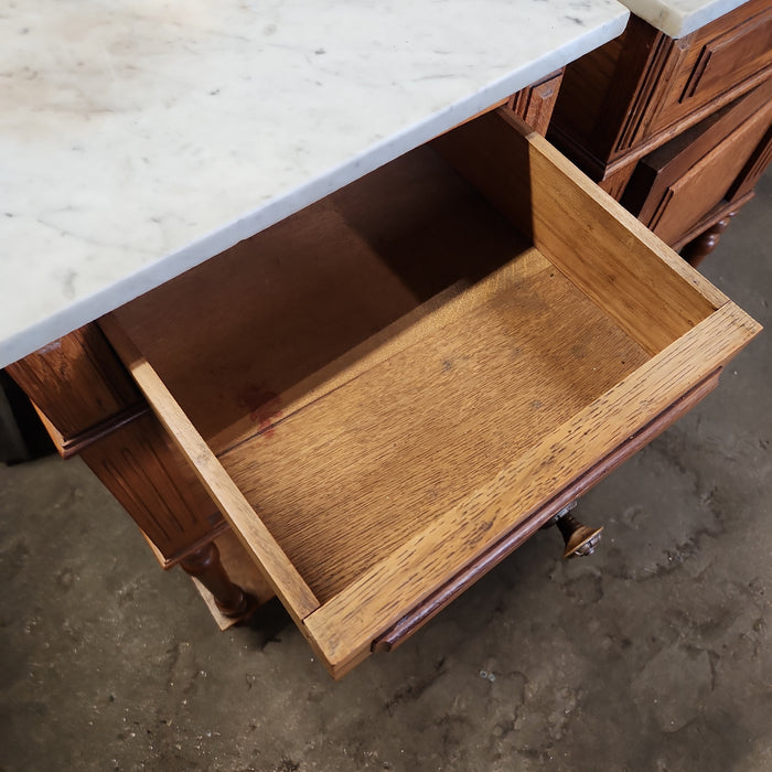 PAIR OF HENRI II STYLE MARBLE TOP OAK SIDE CABINETS