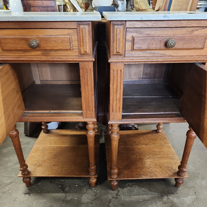 PAIR OF HENRI II STYLE MARBLE TOP OAK SIDE CABINETS