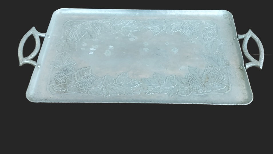 SMALL RECTANGULAR ALUMINUM TRAY WITH GRAPES AND HANDLES AS FOUND