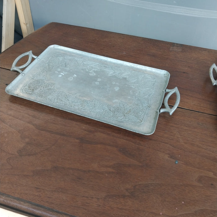 SMALL RECTANGULAR ALUMINUM TRAY WITH GRAPES AND HANDLES AS FOUND