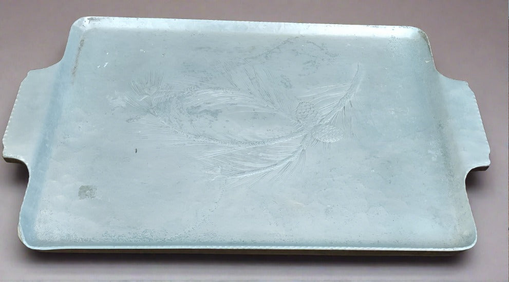 RECTANGULAR ALUMINUM TRAY WITH PINE CONES AND HANDLES