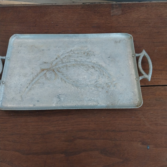 SMALL RECTANGULAR ALUMINUM TRAY WITH PINE CONES AND HANDLES