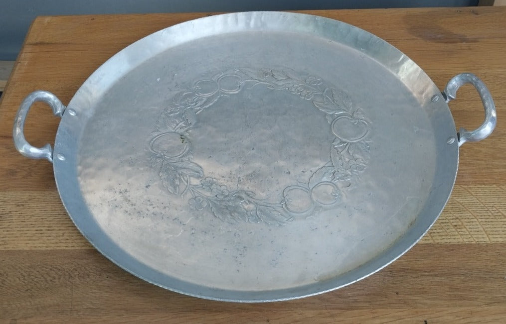 LARGE ROUND ALUMINUM TRAY WITH HANDLES AND EMBOSSED FRUIT