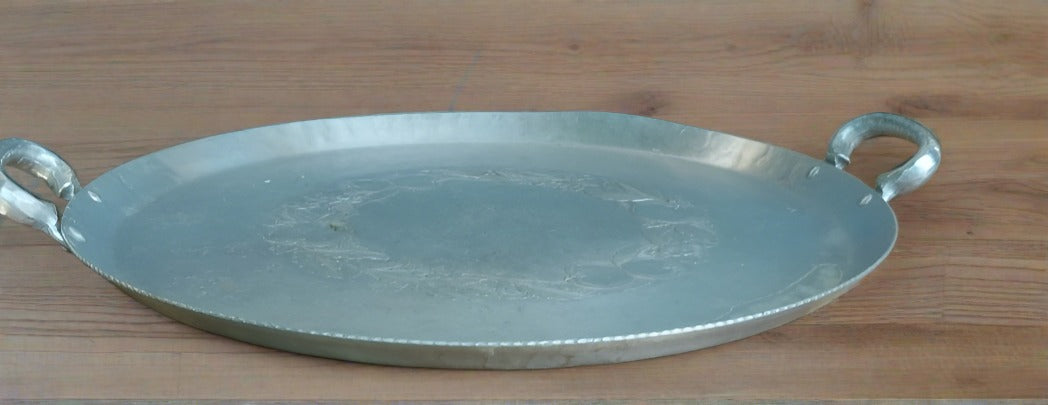 LARGE ROUND ALUMINUM TRAY WITH HANDLES AND EMBOSSED FRUIT
