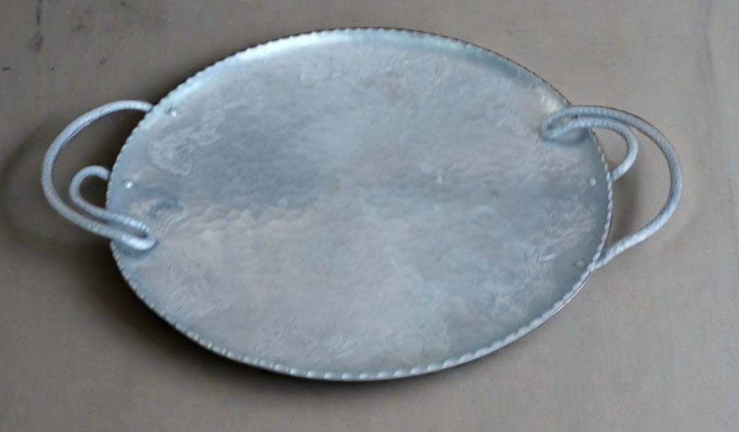 ROUND ALUMINUM TRAY WITH EMBOSSED FLOWERS AND HANDLES
