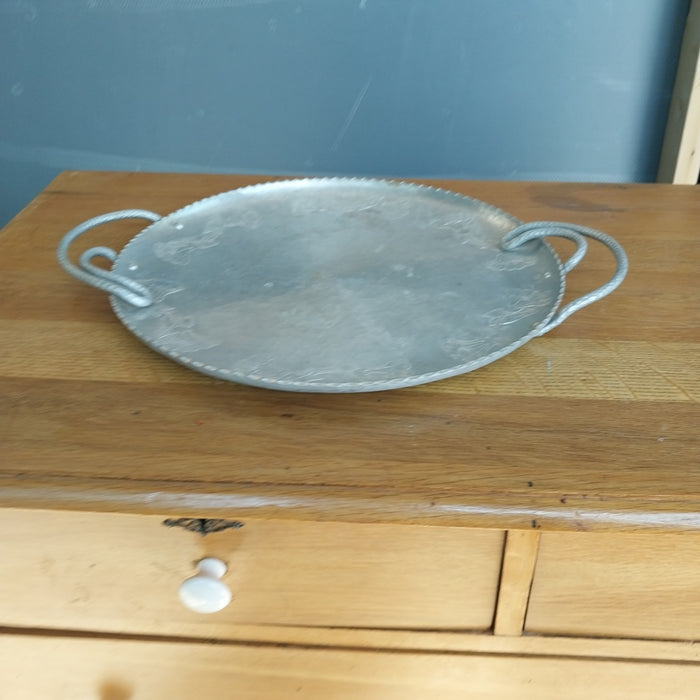 ROUND ALUMINUM TRAY WITH EMBOSSED FLOWERS AND HANDLES