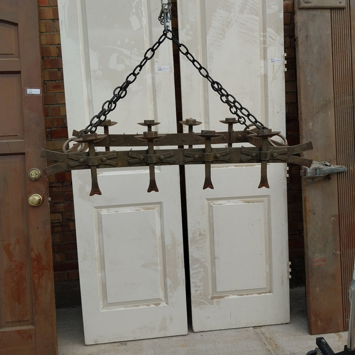 ANTIQUE 8 ARM  RECTANGULAR STRAP IRON CHANDELIER WITH SPIKE ARMS