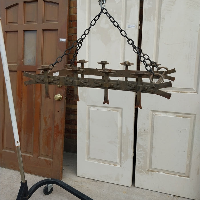 ANTIQUE 8 ARM  RECTANGULAR STRAP IRON CHANDELIER WITH SPIKE ARMS