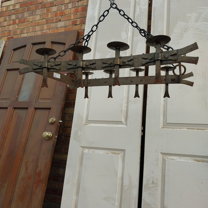 ANTIQUE 8 ARM  RECTANGULAR STRAP IRON CHANDELIER WITH SPIKE ARMS