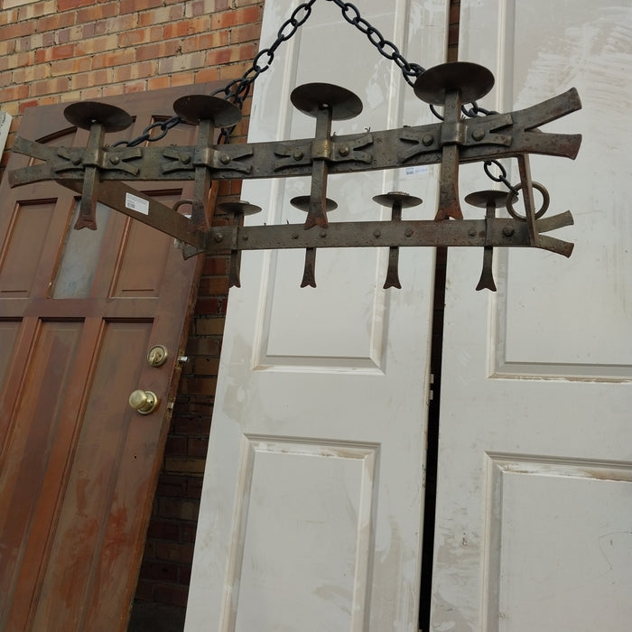 ANTIQUE 8 ARM  RECTANGULAR STRAP IRON CHANDELIER WITH SPIKE ARMS