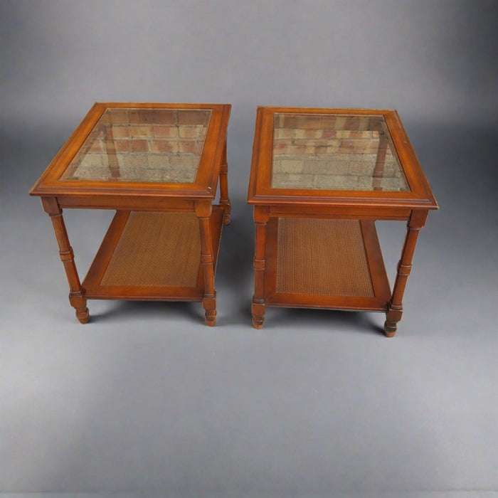 PAIR  OF TURNED LEG GLASS TOP END TABLES