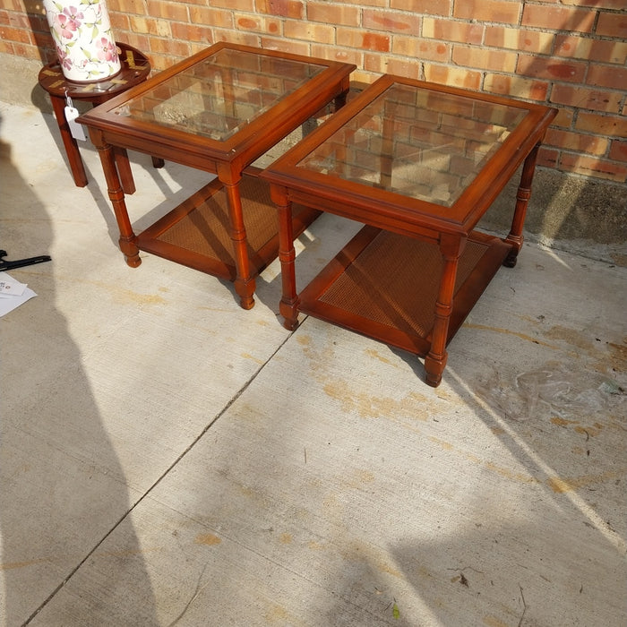PAIR  OF TURNED LEG GLASS TOP END TABLES