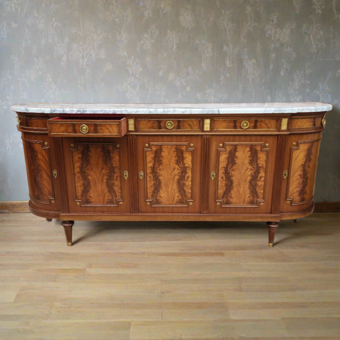 LONG LOUIS XVI CROTCH MAHOGANY SIDEBOARD WITH WHITE MARBLE TOP