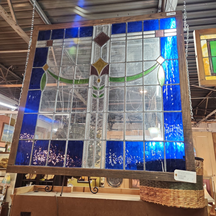 LARGE STAINED GLASS WINDOW WITH GREEN SWAGS