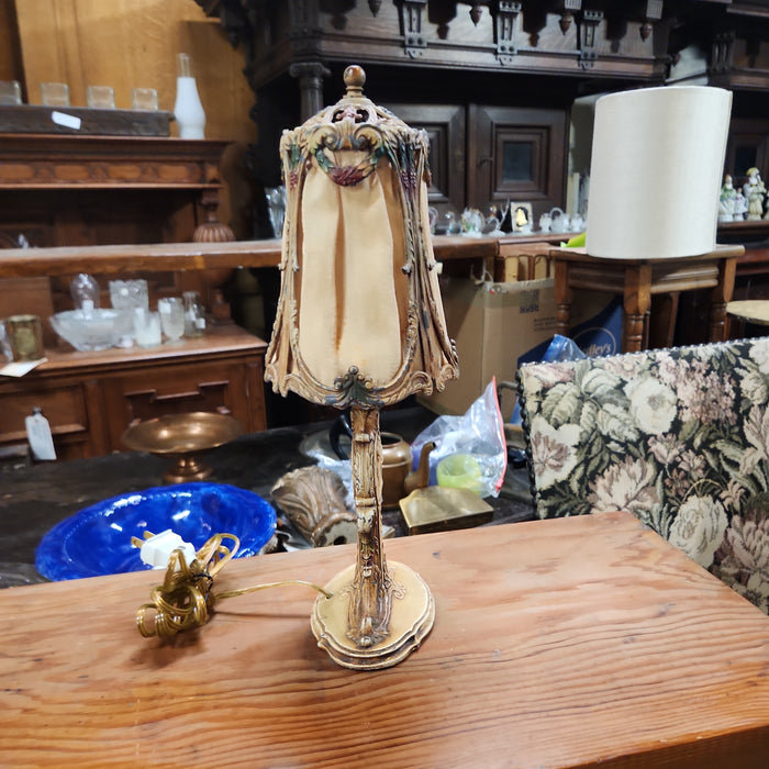 SMALL IRON TABLE LAMP WITH LADY MEDALLION AND SHADE