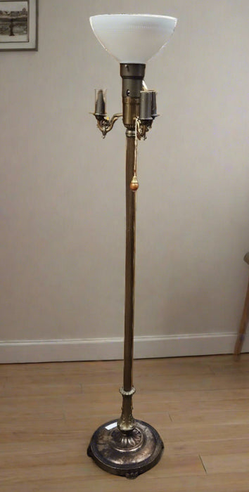 4 LIGHT METAL FLOOR LAMP WITH AS FOUND SILK SHADE
