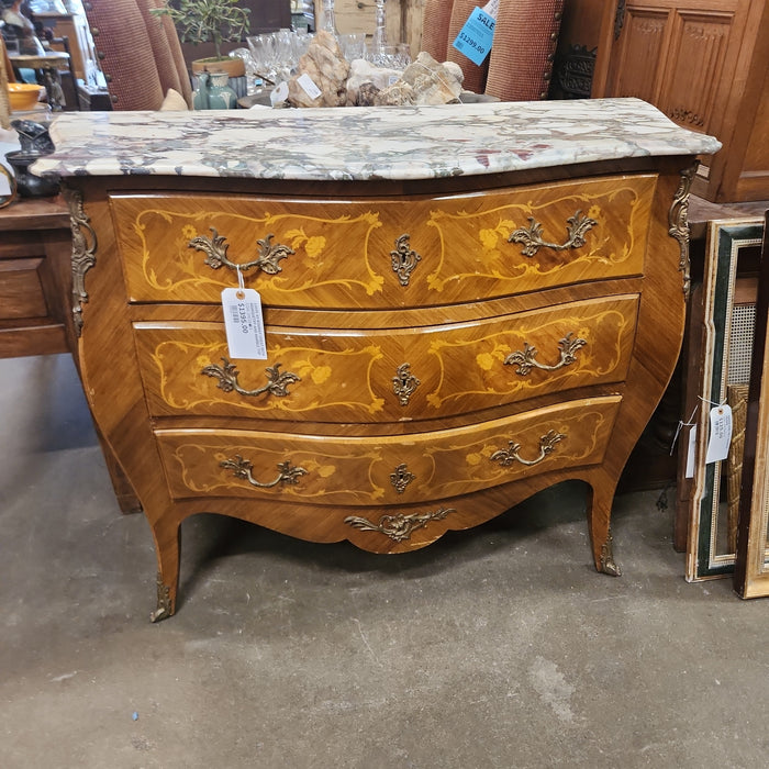 LOUIS XV BOMBAY CHEST WITH MARQUETRY AND MARBLE TOP