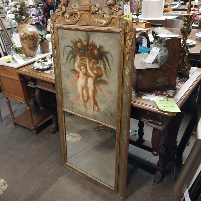 18TH CENTURY GILT TRUMEAU MIRROR WITH CHERUB PAINTING ON CANVAS