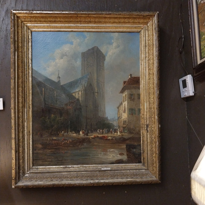 SILVER FRAMED VERTICAL ENGLISH OIL PAINTING OF A CATHEDRAL SIGNED ALEXANDRE DE FAUX