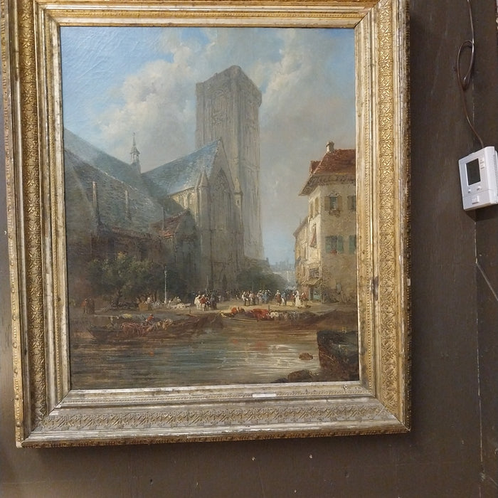 SILVER FRAMED VERTICAL ENGLISH OIL PAINTING OF A CATHEDRAL SIGNED ALEXANDRE DE FAUX